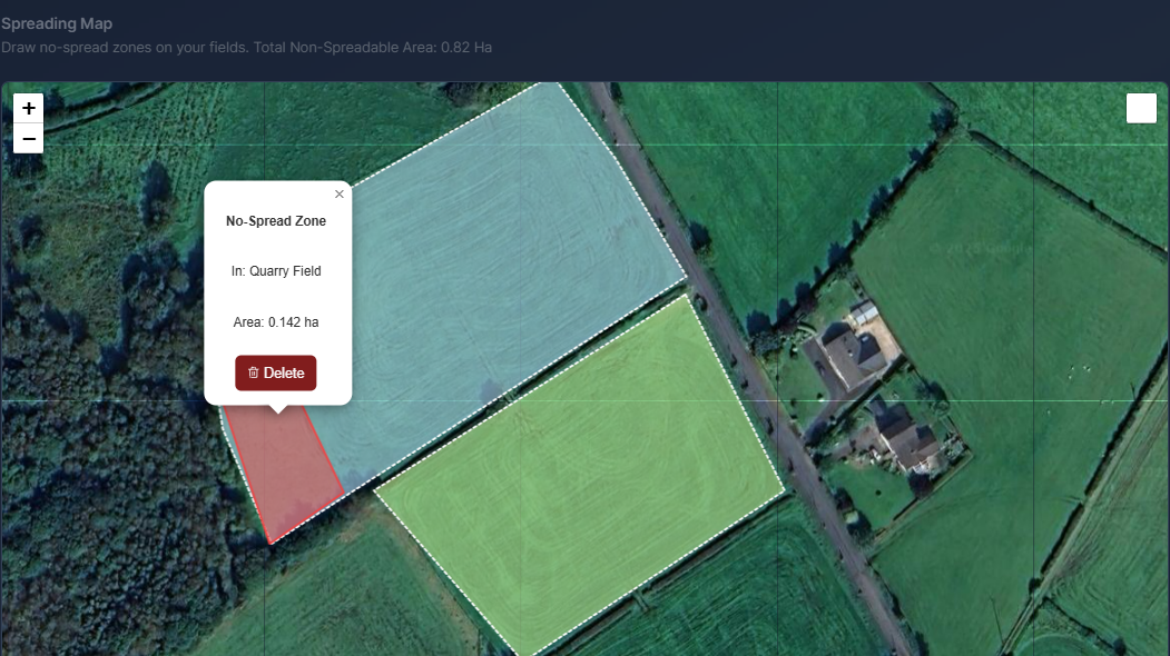 Farm map showing no spread areas for nutrient applications