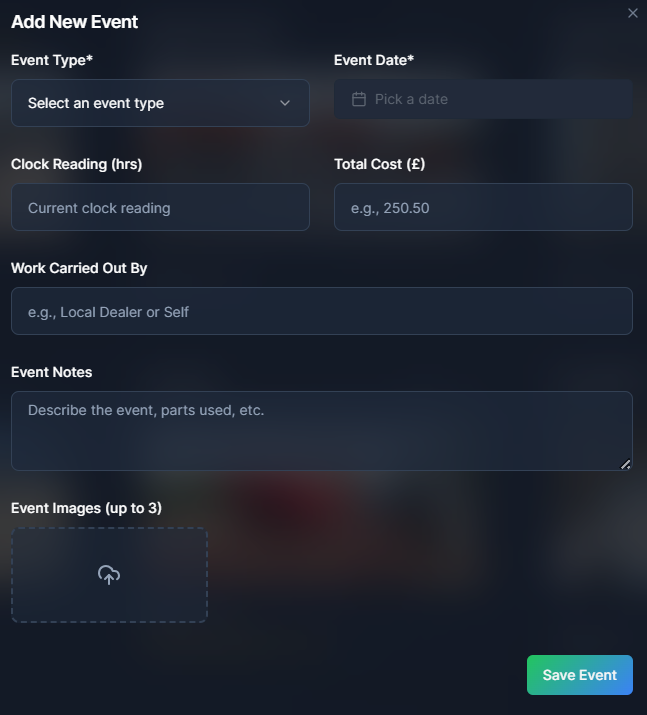 The add machinery event form
