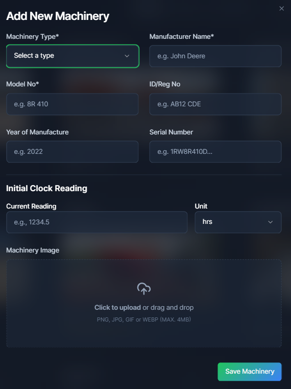 The add machinery to machinery list pop-up form