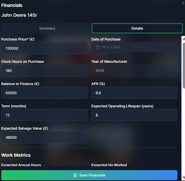Record machinery financial information