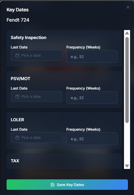 Set machinery key dates schedules